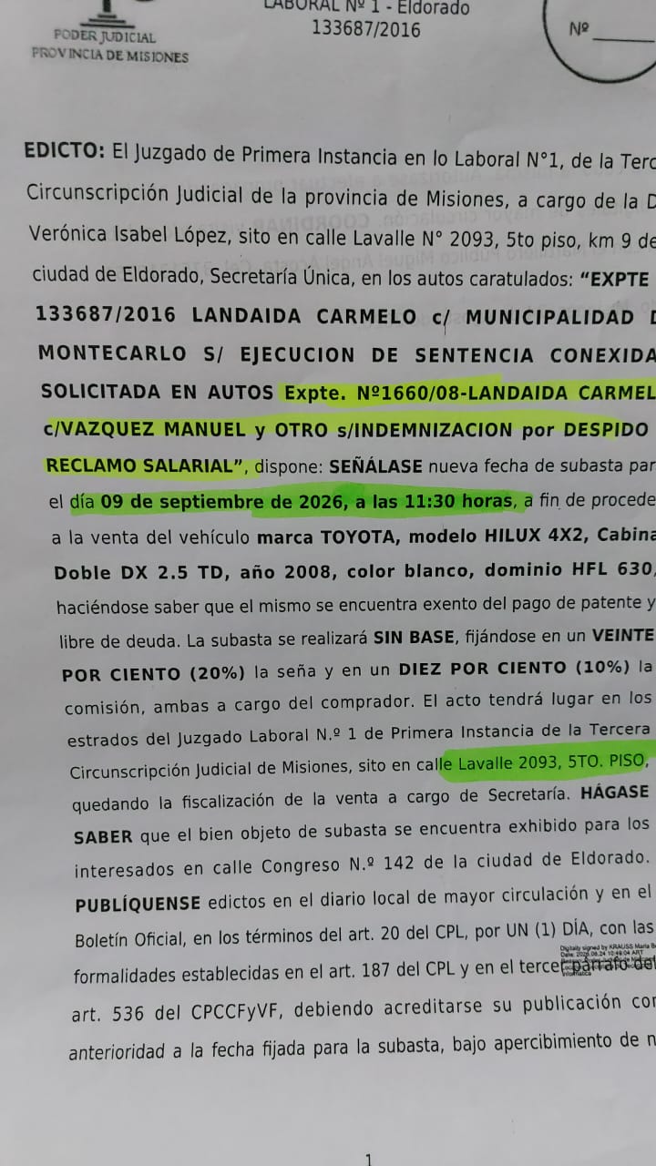 «Por una indemnización de una causa de 2008, La Municipalidad de Montecarlo remata una camioneta»